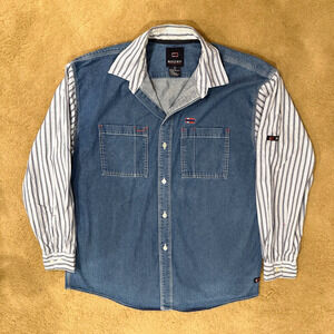 Vintage Bugle Boy Denim Striped Shirt Mens Large Long Sleeves 100% Cotton